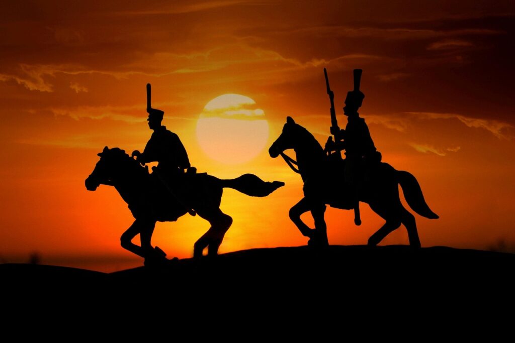 riders, soldiers, repent, sunset, silhouettes, army, lead, history, figurine, sun, heaven, nature, cloudiness-3336978.jpg